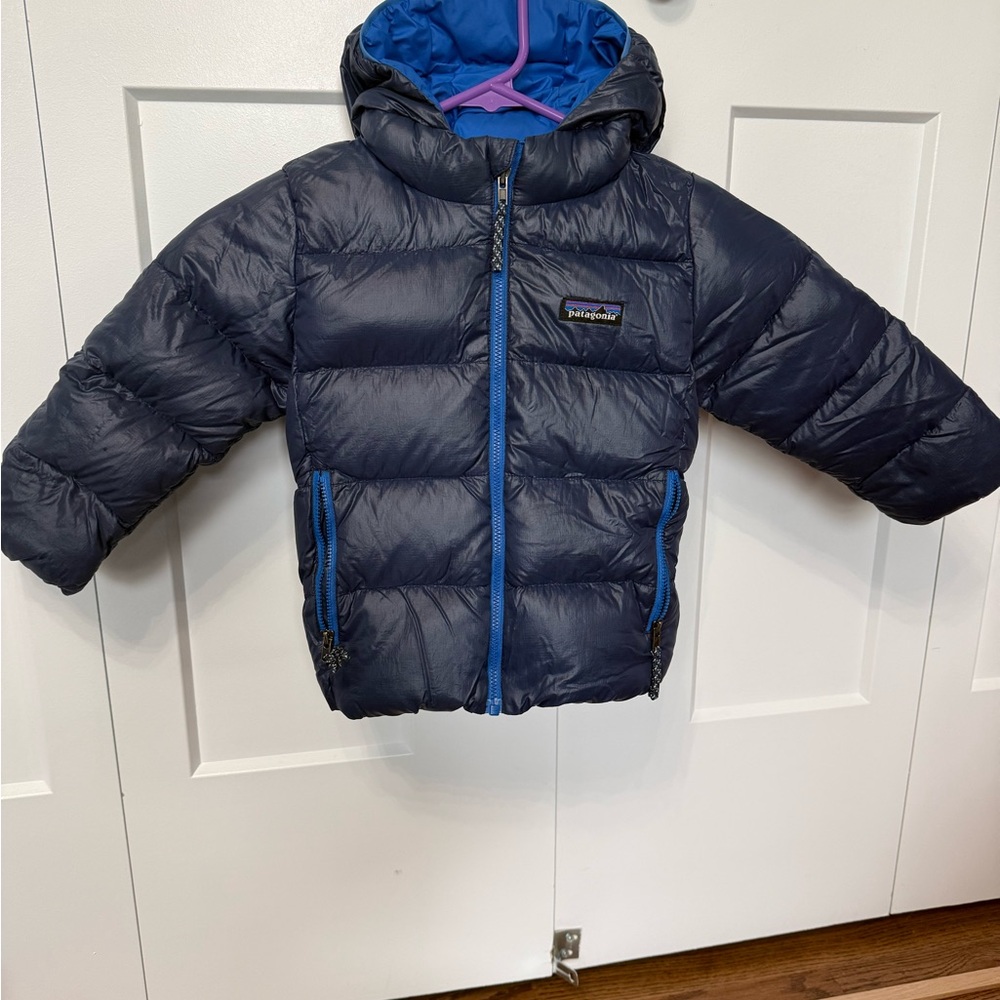 Patagonia Kids Navy Blue Puffer Jacket with Bright Blue Trim